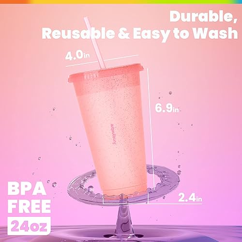 Miniatura 4 de Vasos con tapas y popotes para adultos  5 vasos reutilizables con purpurina con tapas y pajitas en colores caramelo, vasos de plástico de 24 onzas