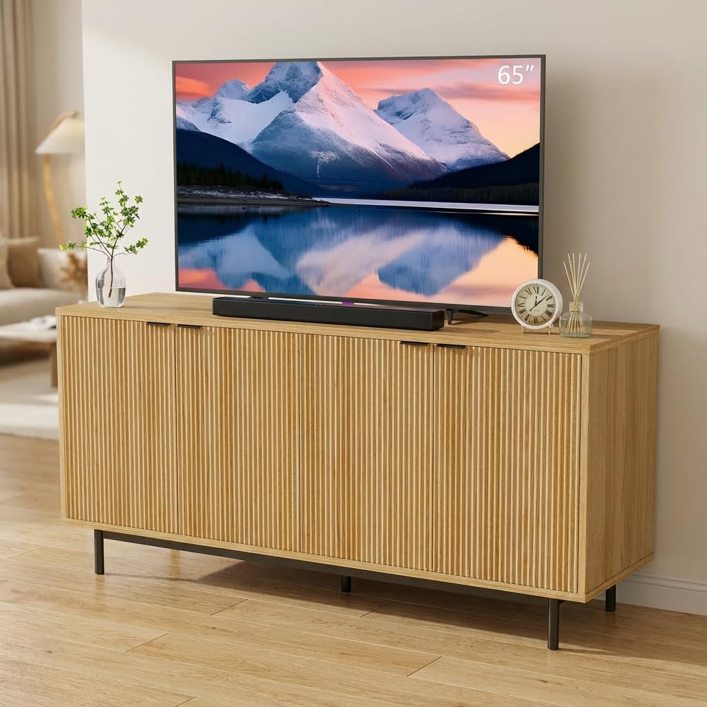 Vipbear 58 Inch Black TV Stand for 65 Inch TV, Modern Fluted Media Console Table with 4 Doors, Large Entertainment Center with Storage, Black Sideboard Buffet Cabinet for Dining Room and Living Room