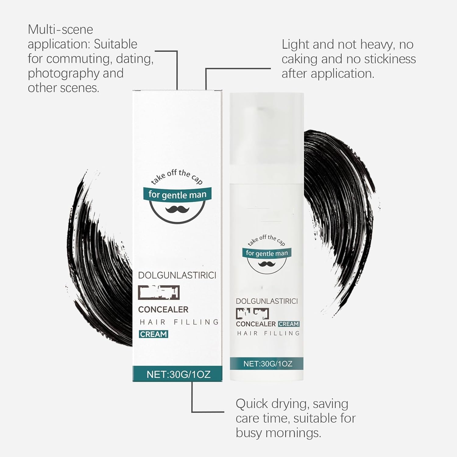 Crème anti-cernes, soin capillaire quotidien, cache les zones chauves, couvre les zones clairsemées en quelques secondes, modifie la texture du cuir chevelu et masque les démarcations.
