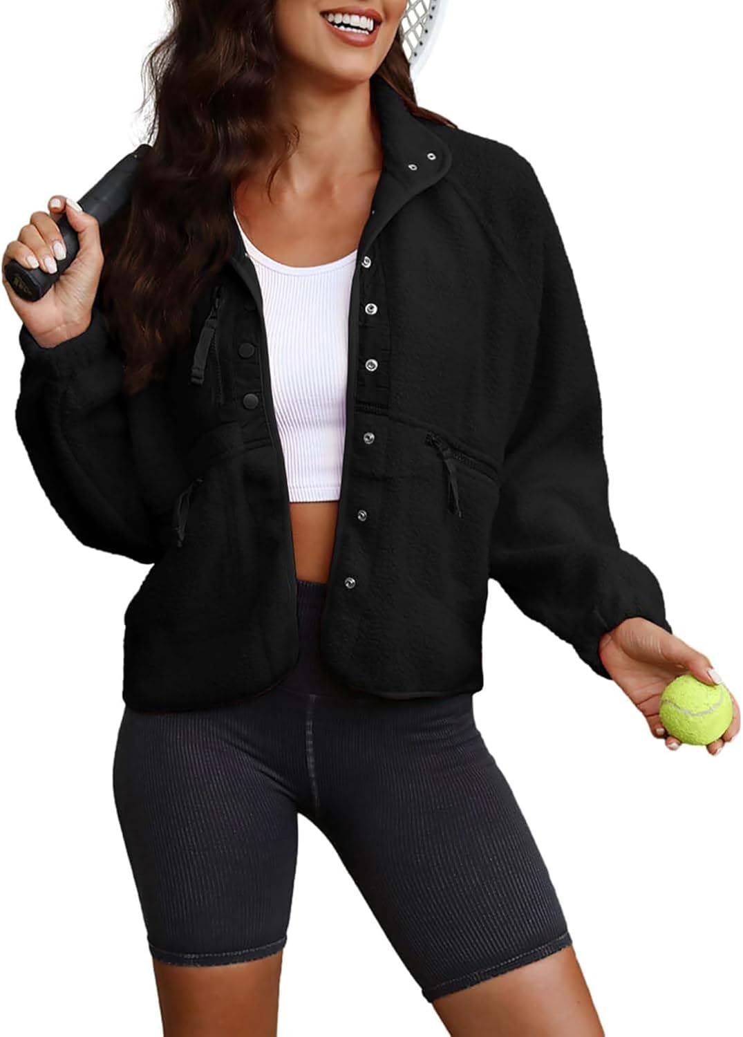 ReachMe Womens Sherpa Jacket Casual Lapel Button Down Cropped Fuzzy Fleece Jackets Long Sleeve Winter Coats with Pockets - Image 4