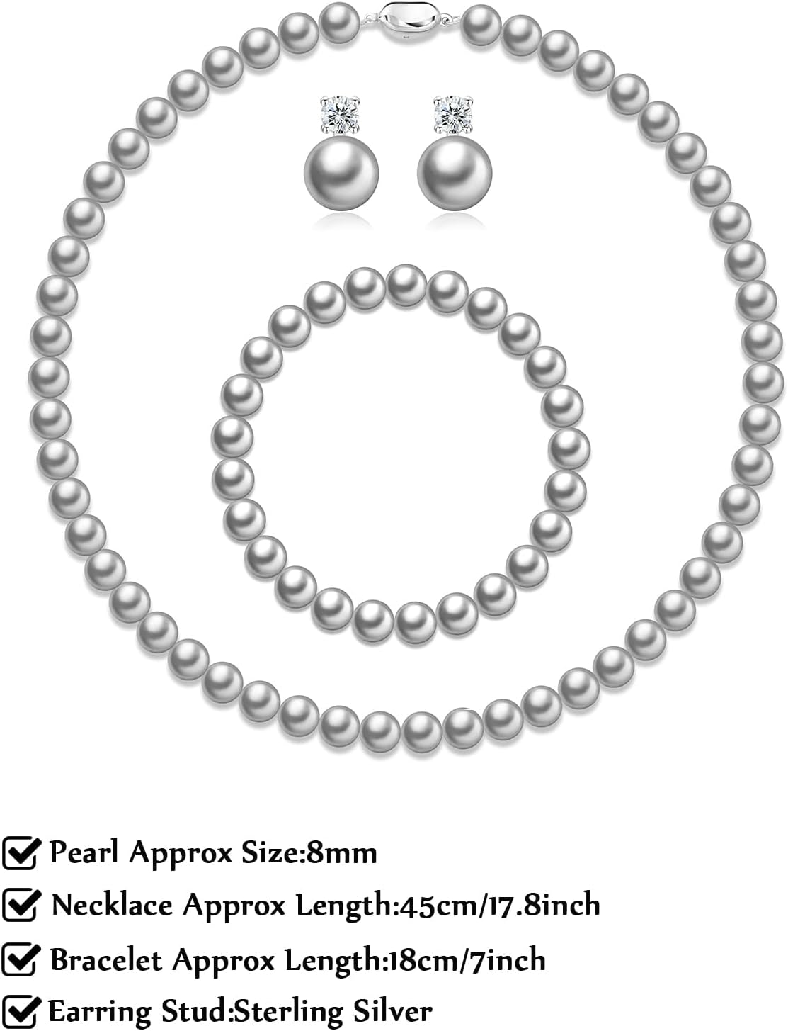 Pearl Necklaces for Women,8mm Pearl Necklace and Earring Bracelet Jewelry Set for Women Men Wedding Birthday Valentine Christmas Day Gifts - Image 3