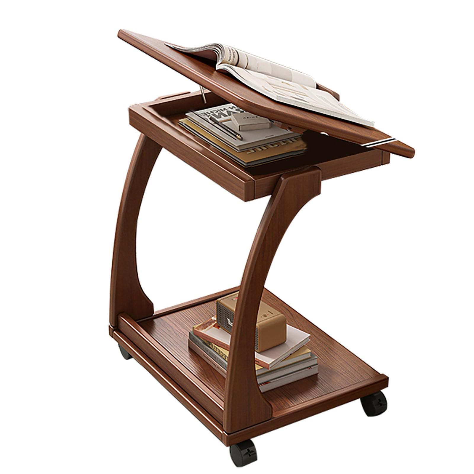 PQXQZ Side Table with Wheels End Table Tiltable Surface for Tablets, Solid Wood Under Sofa Table for Couch and Bed(Brown)