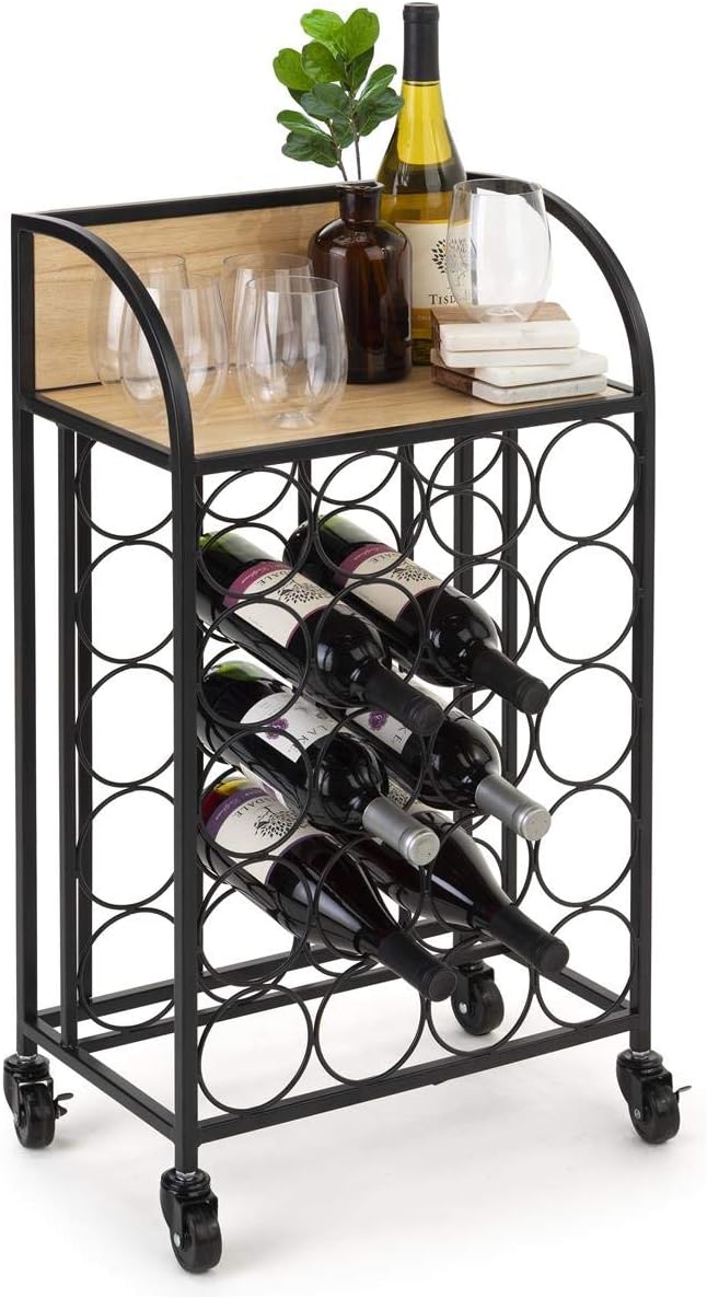 Displays2go Rolling Wine Rack w/Shelf, Stores 20 Bottles, Steel Frame - Black & Lt. Brown (FSBEVCART3B)