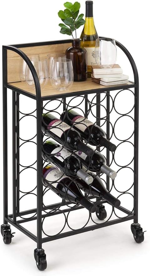 Soporte para Vinos Rodante con Estante, 20 Botellas, Acero y Madera miniatura 3