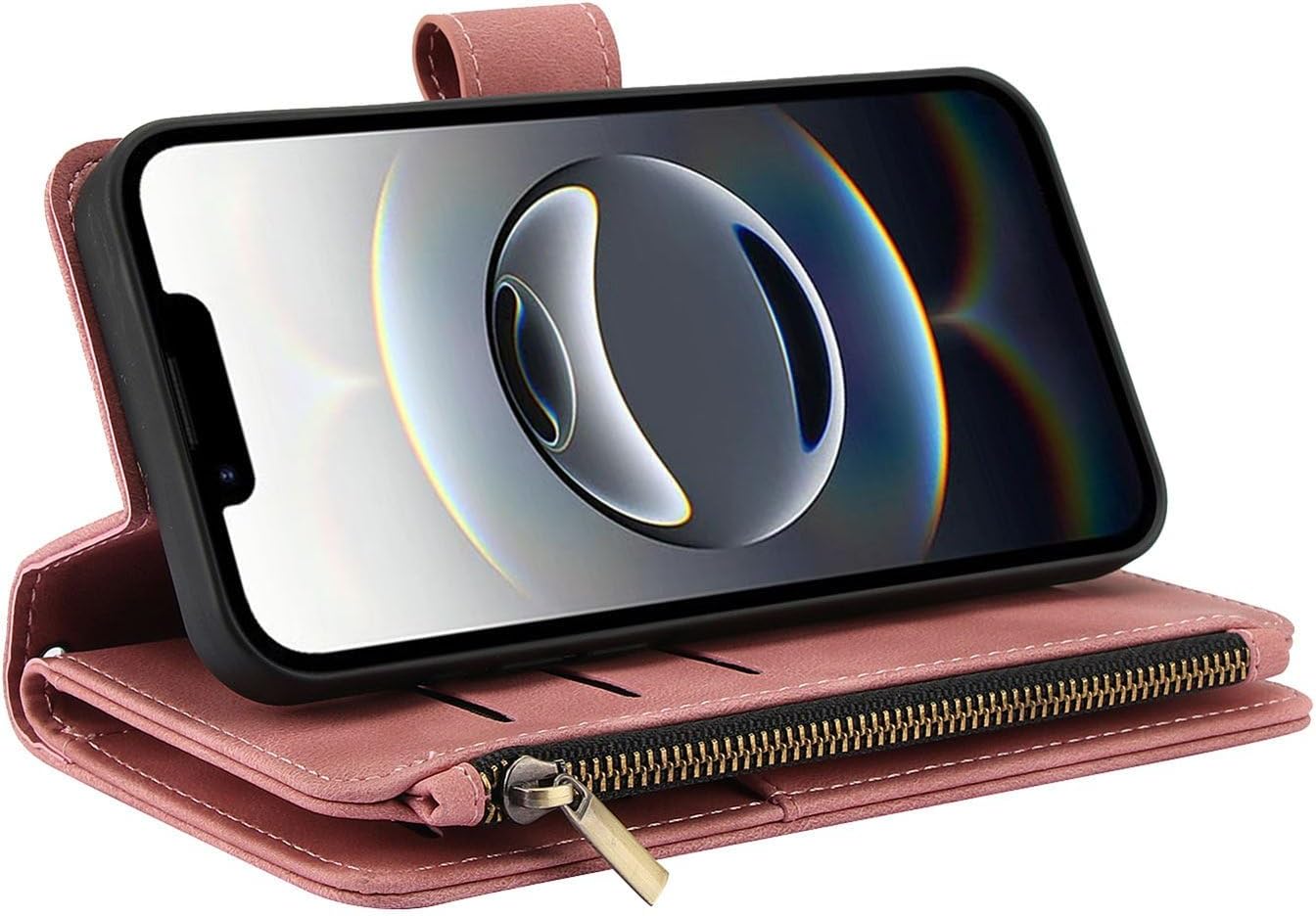 for iPhone 17 Pro Crossbody Wallet Case with Card Holder, PU Leather Magnetic Strap Zipper Pocket Phone Cover - Rose Gold