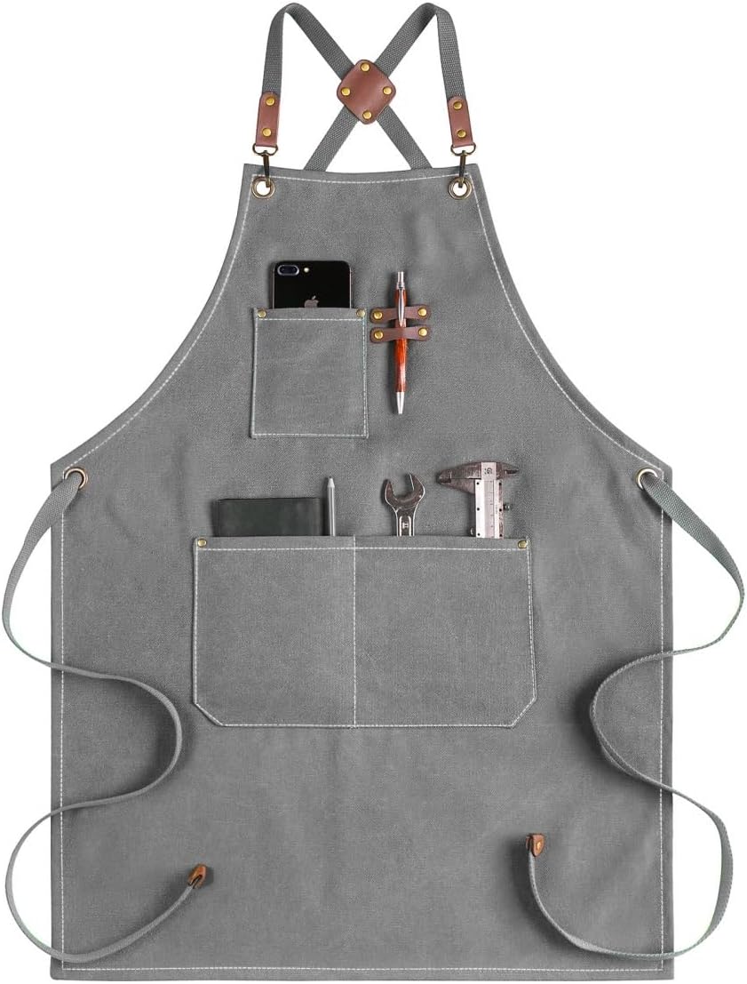 Canvas Work Aprons for Men with Pockets Adjustable Strap and Multipocket Apron Carpenter Apron Tools Aprons Artist Painting Apron for Shop, Garden, Restaurant, Cafe, Electrician(Black)