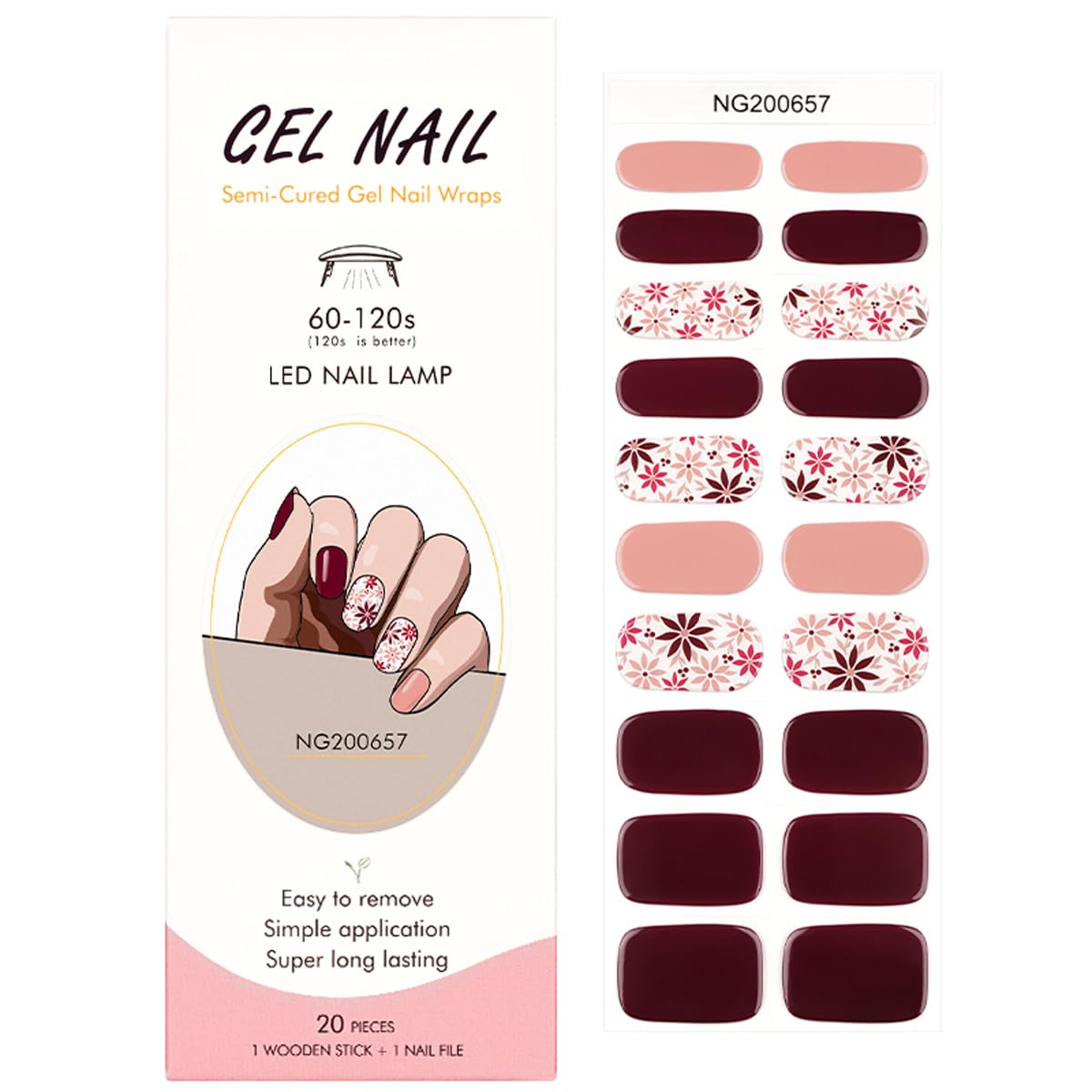 Brown Semi Cured Gel Nail Strips,Gel Nail Stickers with UV/Led Lamp Required,Salon-Quality, Long Lasting, Easy to Apply & Remove,Fall Winter Flower Manicure for Women Color-36