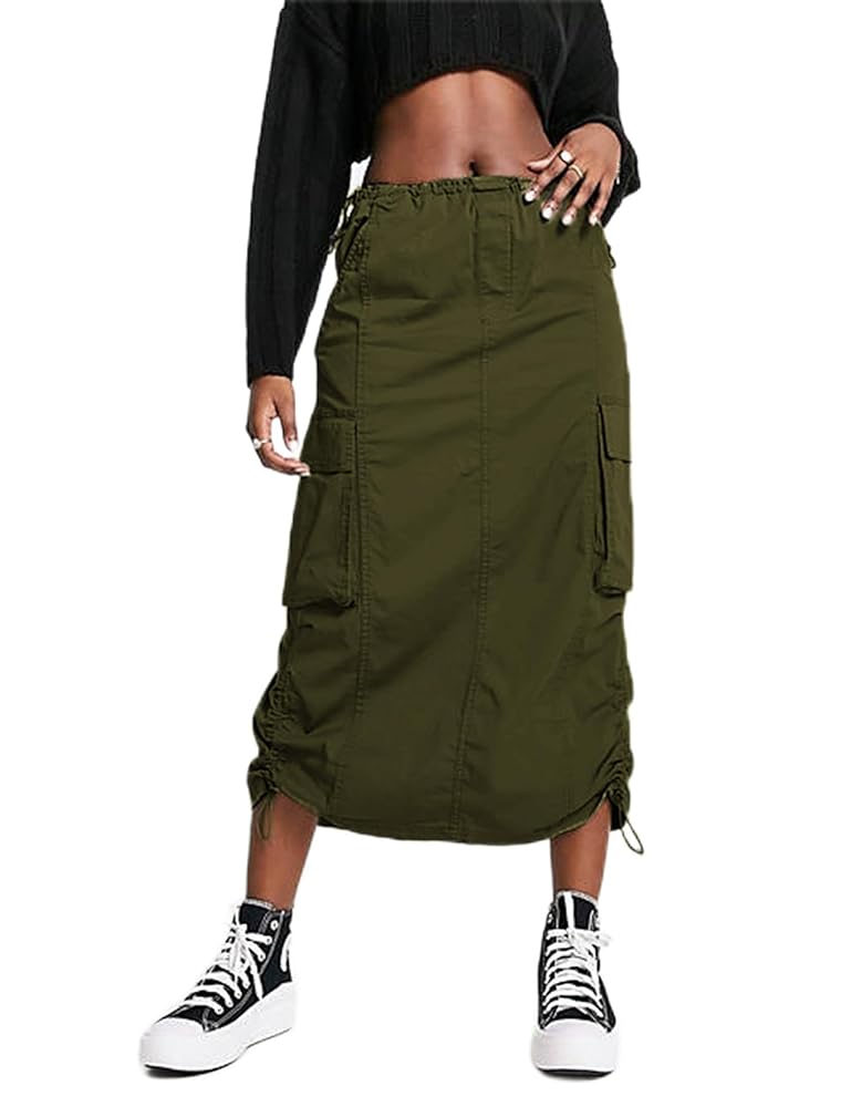 BLUEMING Women Y2k Cargo Long Skirt Low Waist Drawstring