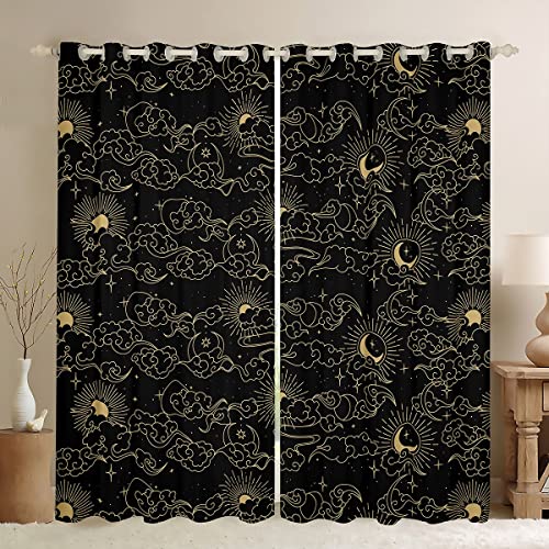 Erosebridal Sun and Moon Curtains Psychedelic Universe Galaxy Black Out Curtains Black and Gold Curtains & Drapes Starry Night Window Curtains Geometrry Sun Moon Sterne Window Treatments, 84W x 63L Cover