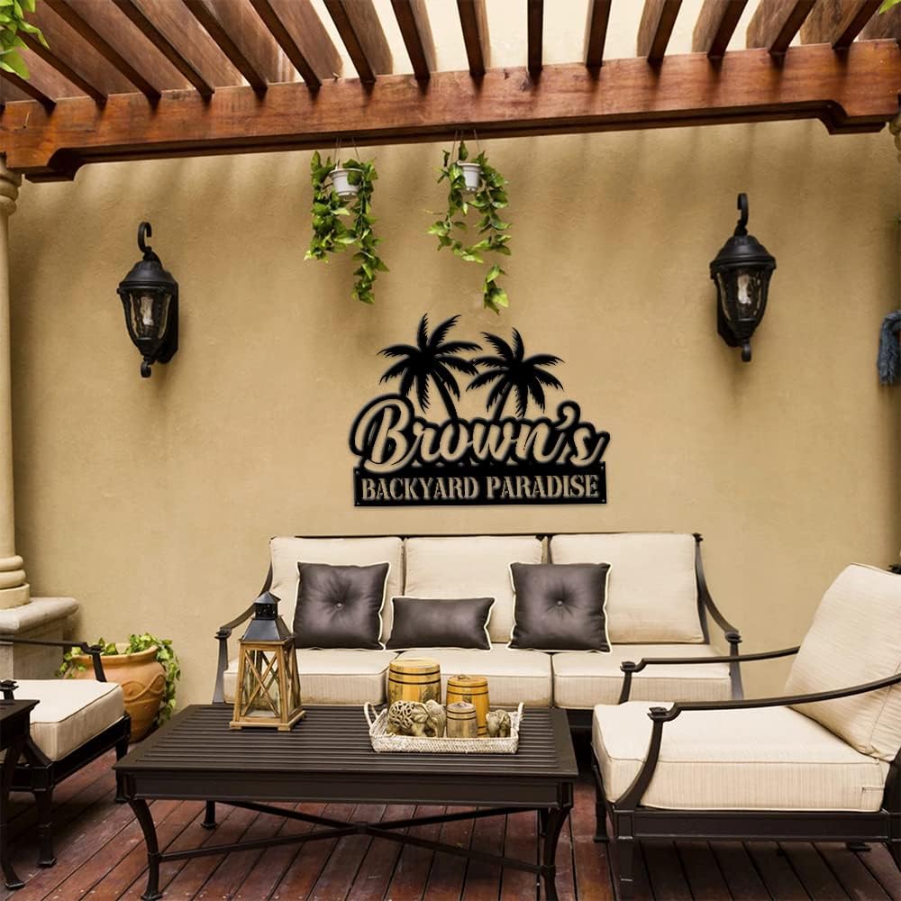 MeMate Backyard Sign Outdoor Decor, Personalized Metal Sign for Backyard, Patio, Custom Name Signs for Garden Porch, Deck, Large Metal Sign for Outside, Housewarming Gifts for Family Friends