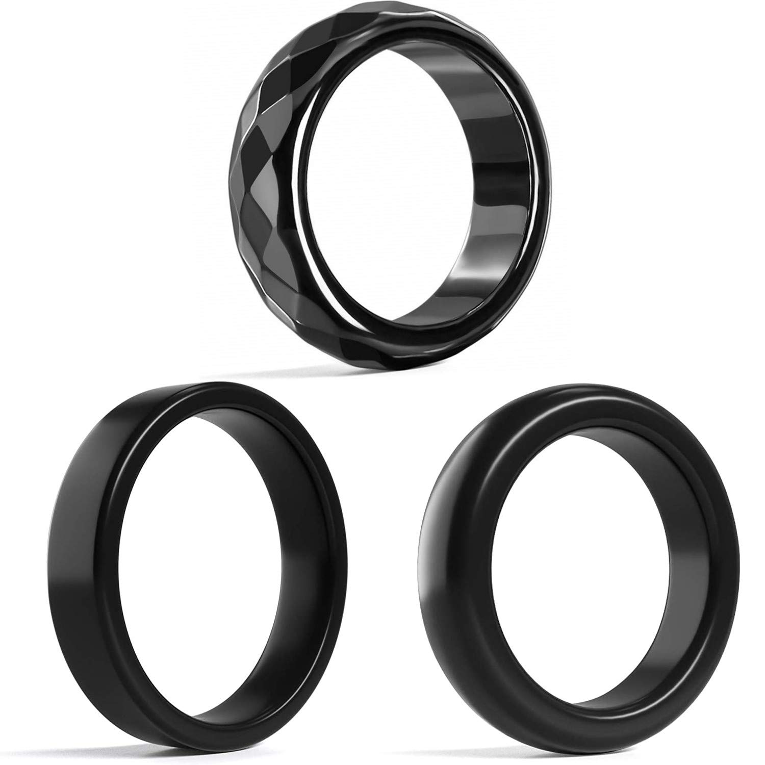 Hematite Rings Unisex 3 Pack Genuine Healing Chakra Magnetic Stones Rings, Therapy Fidget Anxiety Pain Relief Absorbs Negative Energy Jewelry Gifts for Women and Men