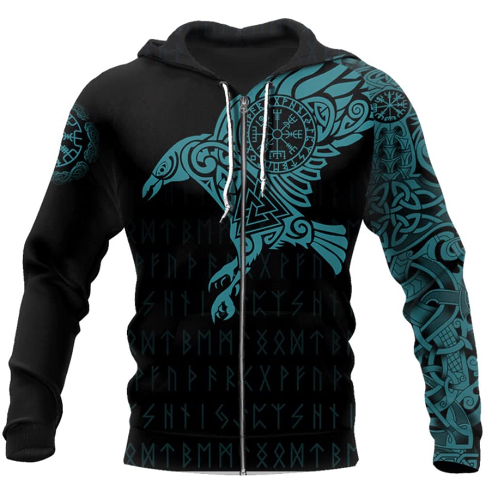 Męskie Bluzy Rozpinane Viking Tattoo The Raven of Odin Bluza Nadrukiem 3D Unisex Jesienna Nowość Odzież (Rozmiar US),Green raven zipper,3XL