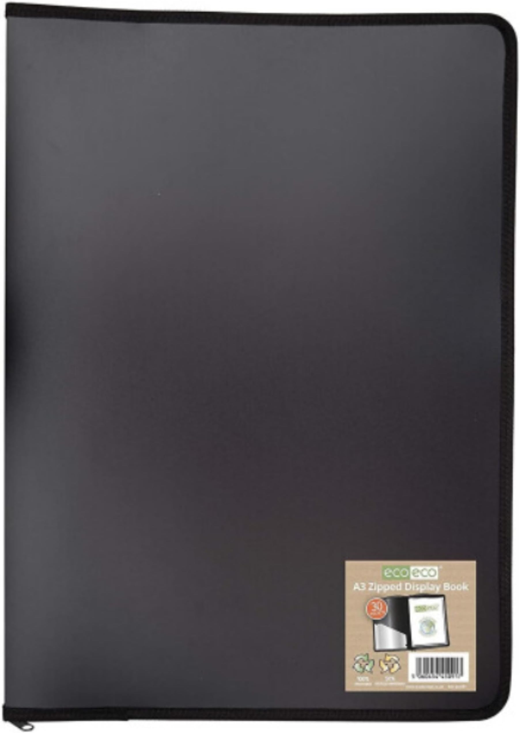 eco-eco A3 50% Recycled 30 Pocket Black Zipped Presentation Display Book, File Folder, Artwork Portfolio with Plastic Sleeves, eco091
