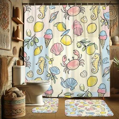 Rideau de douche polyester imperméable anti-moisissure avec tapis crabe - 4