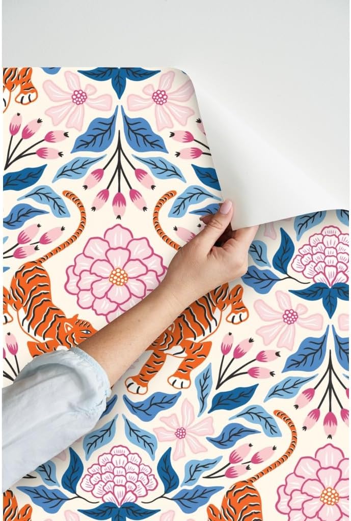 Peel & Stick Wallpaper 3ft x 2ft - Maximalist Tropical Jungle Damask Exotic Botanical Floral Tiger Pink Blue Custom Removable Wallpaper by Spoonflower