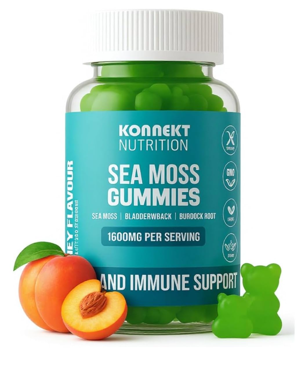 Sea Moss Complex Gummies - 3000mg Sea Moss, Bladderwrack, Burdock Root, Iodine, Vitamin C - Vegan, Halal, Gluten Free - 6-in-1 Energy, Focus, Immune & Gut Support, Honey Peach Flavour (1 Month Supply)