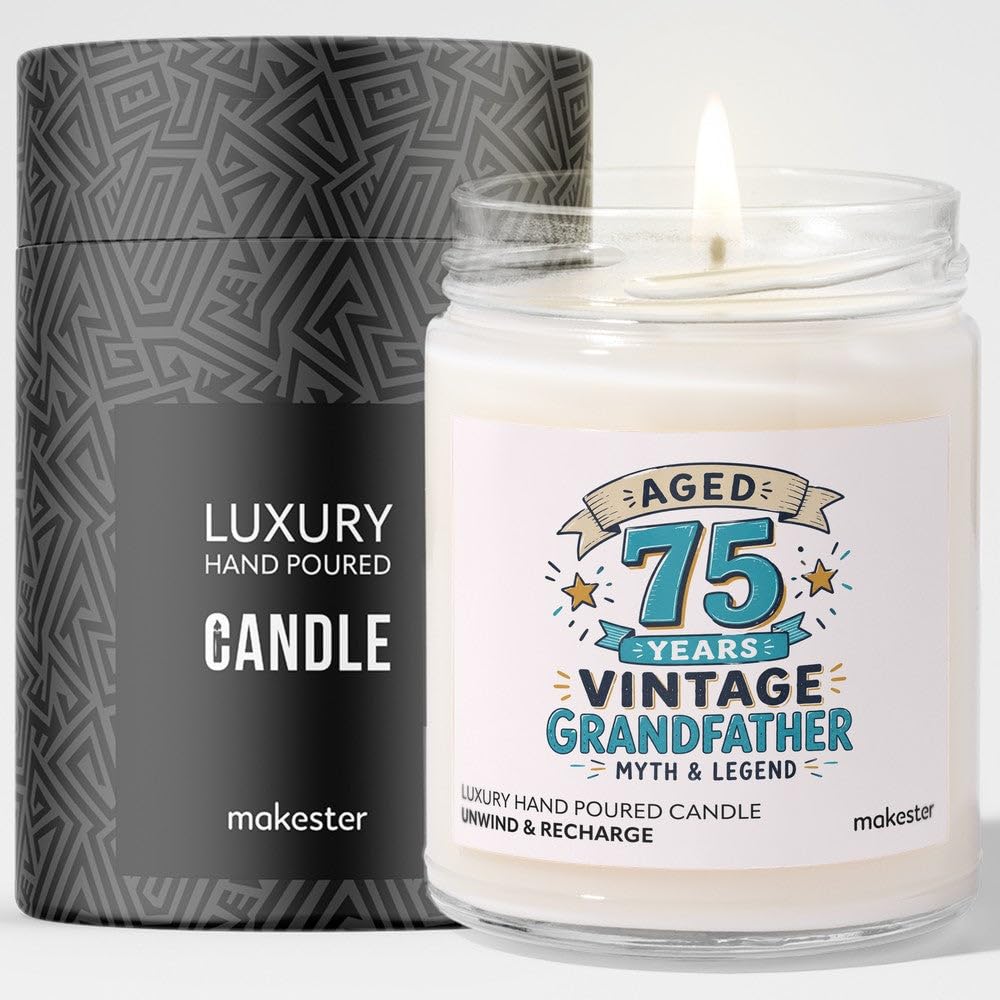75th Birthday Gift for Grandfather - Luxury Soy Wax Candle - Vanilla, Jasmine, Sugared Almond - Makester — image 1