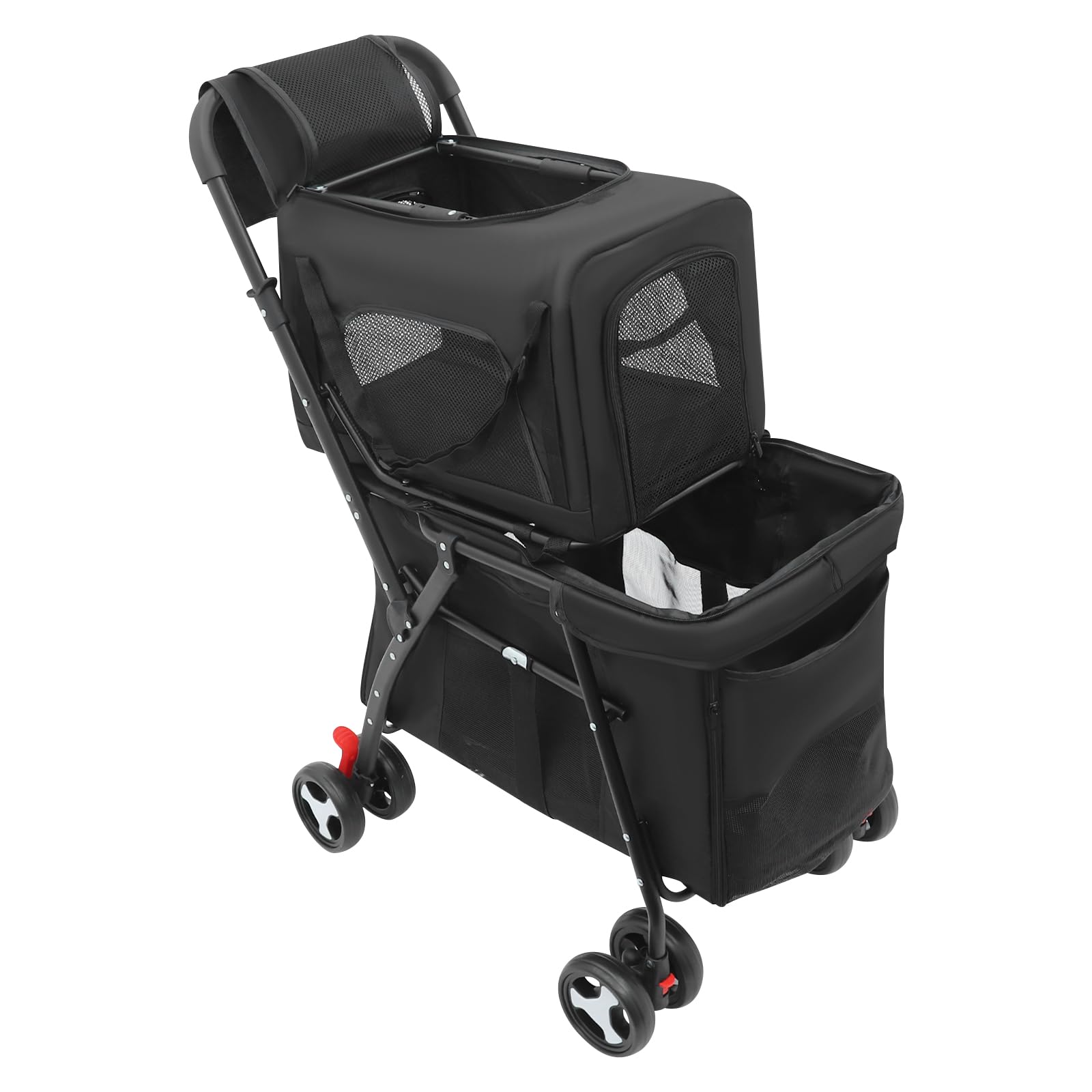 Schwarz Doppelter Haustierstroller, 2 Etagen Faltbarer Haustierwagen, Faltbarer Haustiere Buggy mit abnehmbarer Transportbox, für Katzen und Hunde