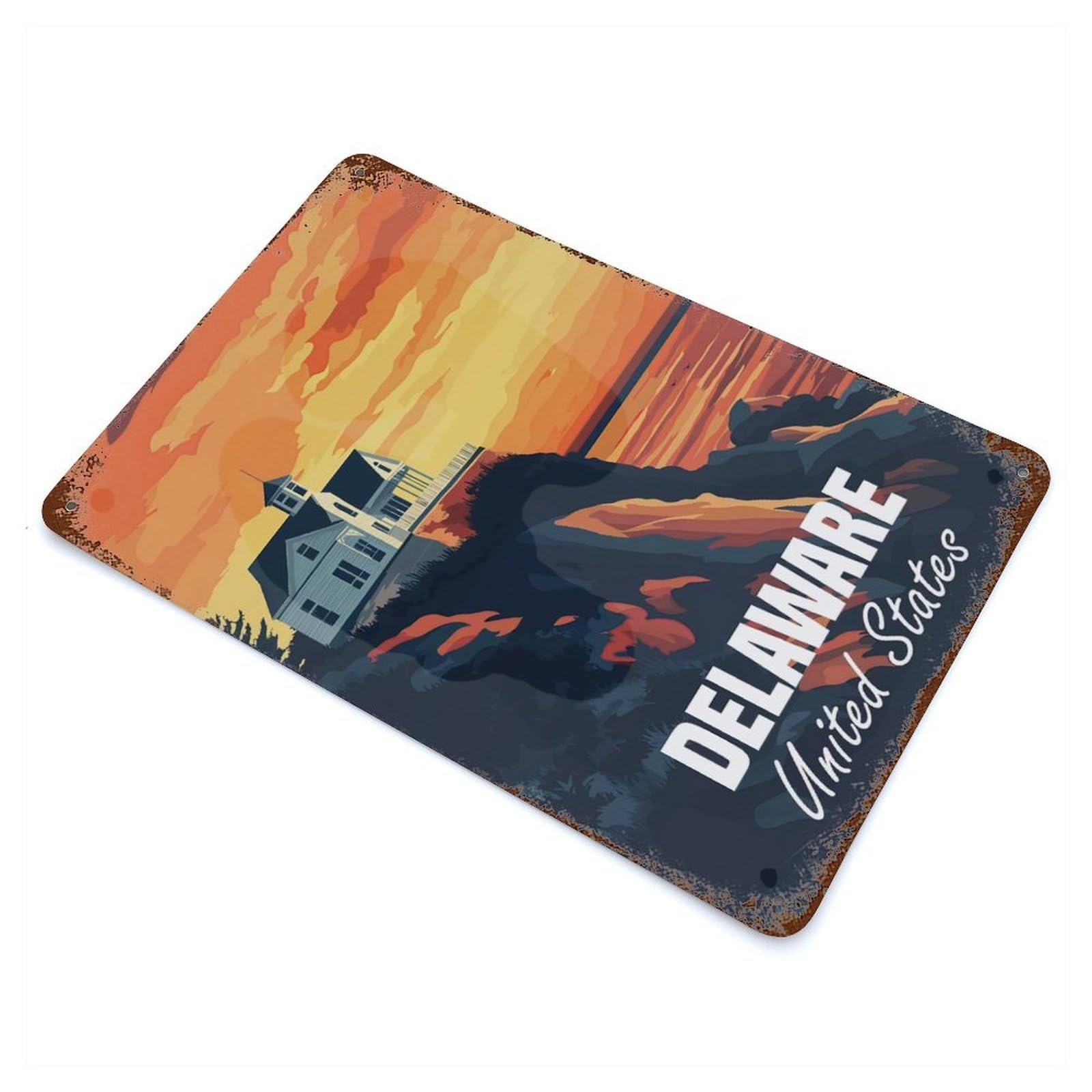 Rust Effect Delaware Coast Sunset Weathered Tin Sign 11.8"x7.9", Retro Wall Decor for Garage, Bar And Workshop Decor