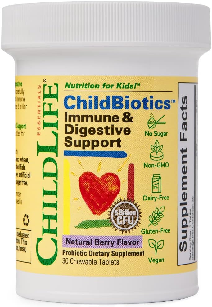 CHILDLIFE ESSENTIALS ChildBiotics Immune & Digestive Support - Kids Probiotic, Contains Live Probiotics, Good for Digestion & Immune Support, Allergen-Free, Non-GMO - Natural Berry Flavor