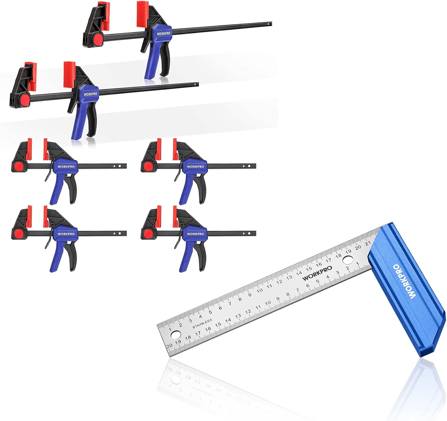 WORKPRO 6-Pack Bar Clamps and 8 Inch Try Square with Aluminum Handle