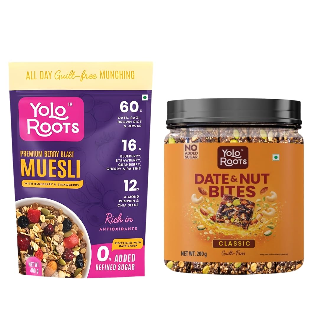 Yolo Roots Berry Blast Muesli 400g & Date Nut Bites Barfi 200g Combo | No Added Sugar Breakfast Cereal with Real Berries, Nuts & Seeds | Healthy Energy Snack & Natural Sweet Treat (Pack of 2)
