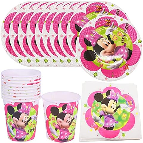 MEZHEN Party Tableware Children's Birthday Decoration for Minnie Birthday Party Tableware Paper Plates Cups Napkins Mouse Party Tableware Set Table Decoration Birthday Party Wedding Baby Shower Pink Cover