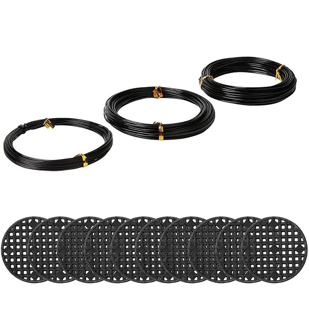 BE-TOOL 3 Roll Wire Kit with with 20pcs Flower Pot Hole Mesh Pad Bonsai Bottom Grid Mat Mesh, 3 Sizes Bonsai Tree Wire Anodized Aluminum Bonsai Training Wire