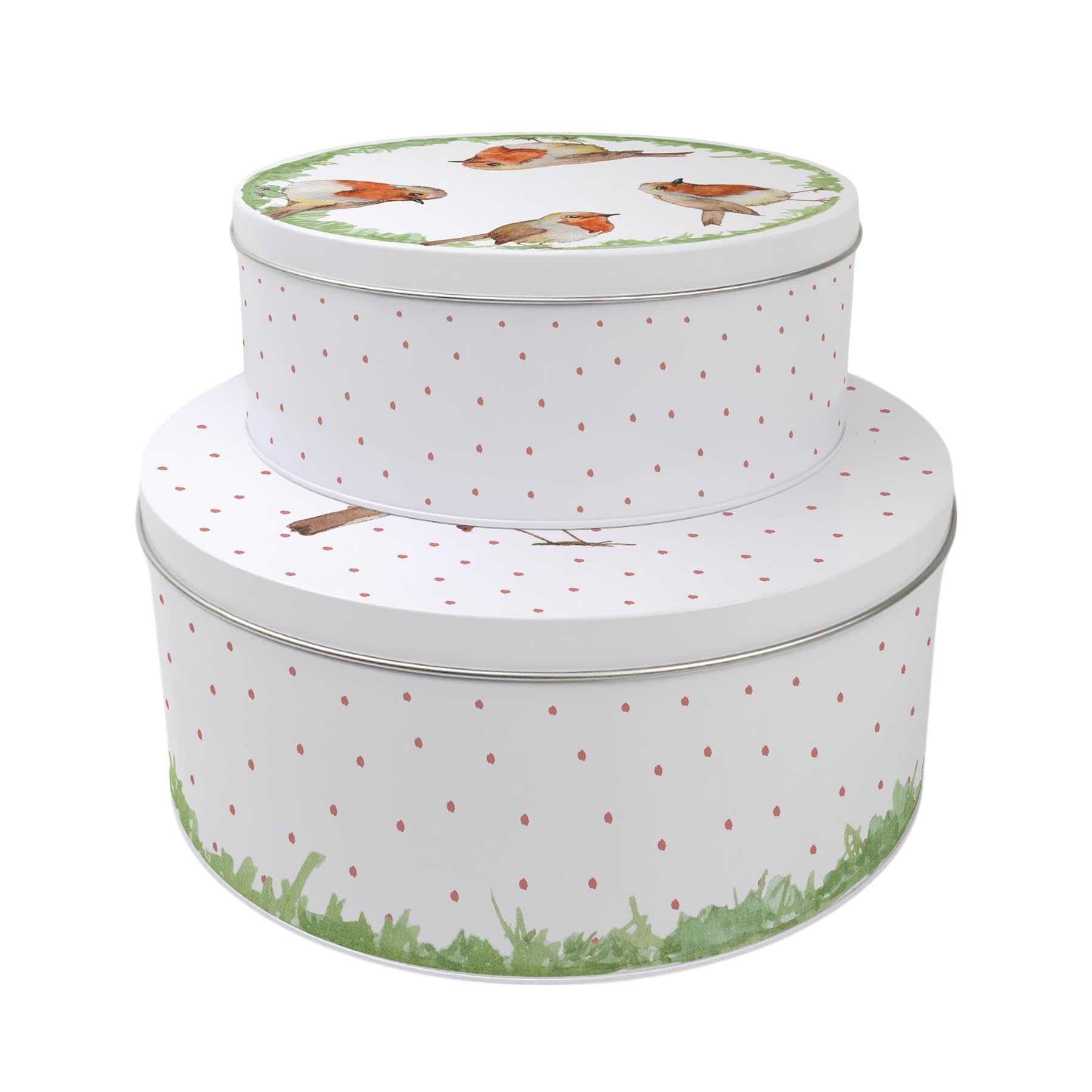 Purely Home Robins Set of 2 Cake Tins Gift - British Garden Birds Nesting Round Large & Medium Metal Storage Containers for Baking
