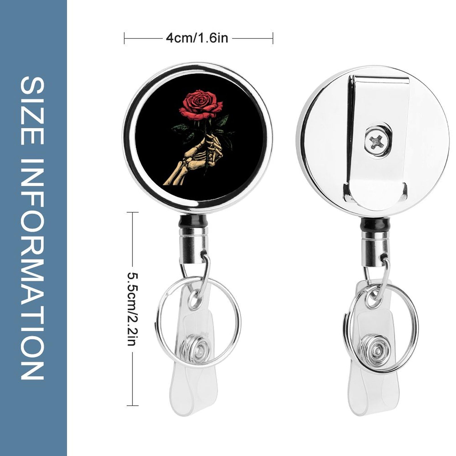 Skeleton Hand Holding Rose Retractable Badge Holder Metal ID Name Holder Key Ring with Belt Clip
