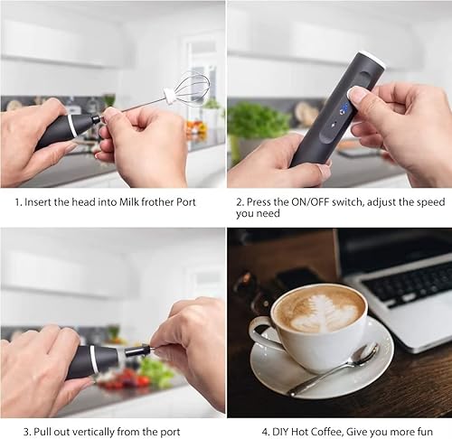Miniatura 5 de Espumador de leche de mano, mezclador de bebidas recargable por USB con 3 batidores de acero inoxidable, espumador de café ajustable de 3