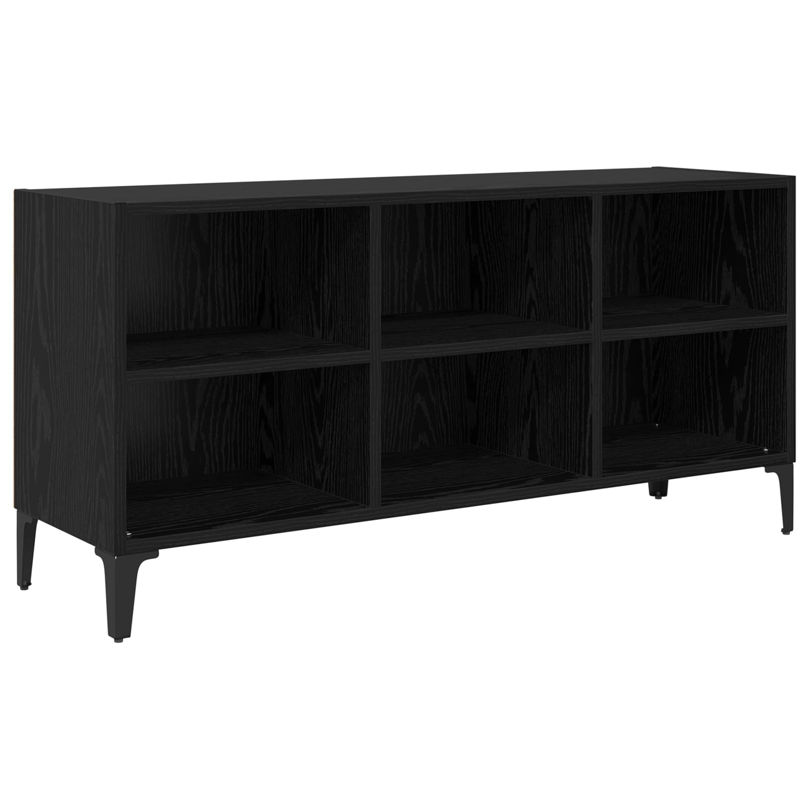 Black Oak TV Stand with Storage | Modern entertainment center features open shelves for media players and gaming consoles in the living room.