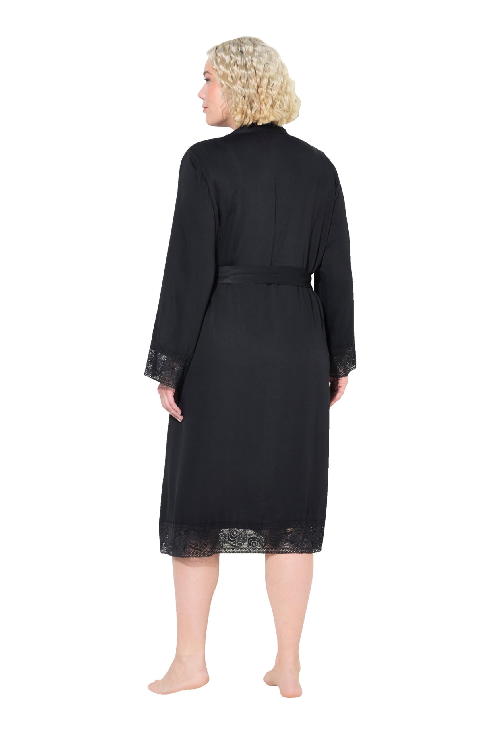 Ulla Popken Damen Morgenmantel, Spitze, Bindegürtel, Langarm Bademantel (1er Pack)