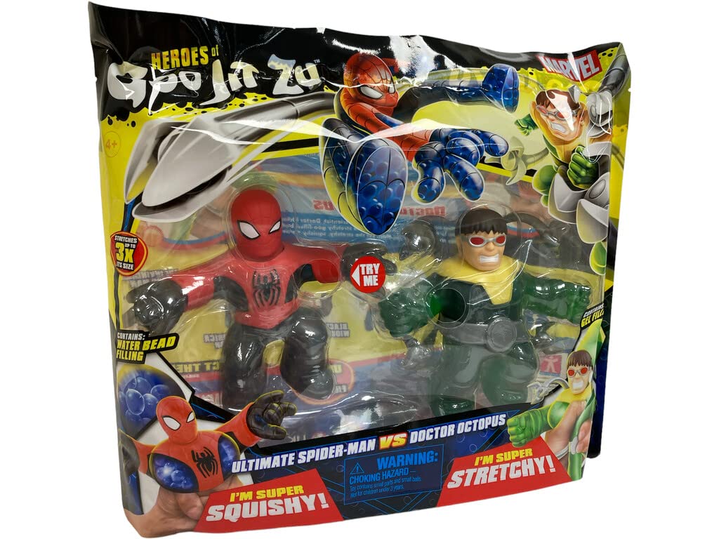 Primer plano de las figuras Goo Jit Zu de Spider-Man y Doctor Octopus mostrando sus texturas elásticas y rellenos internos.