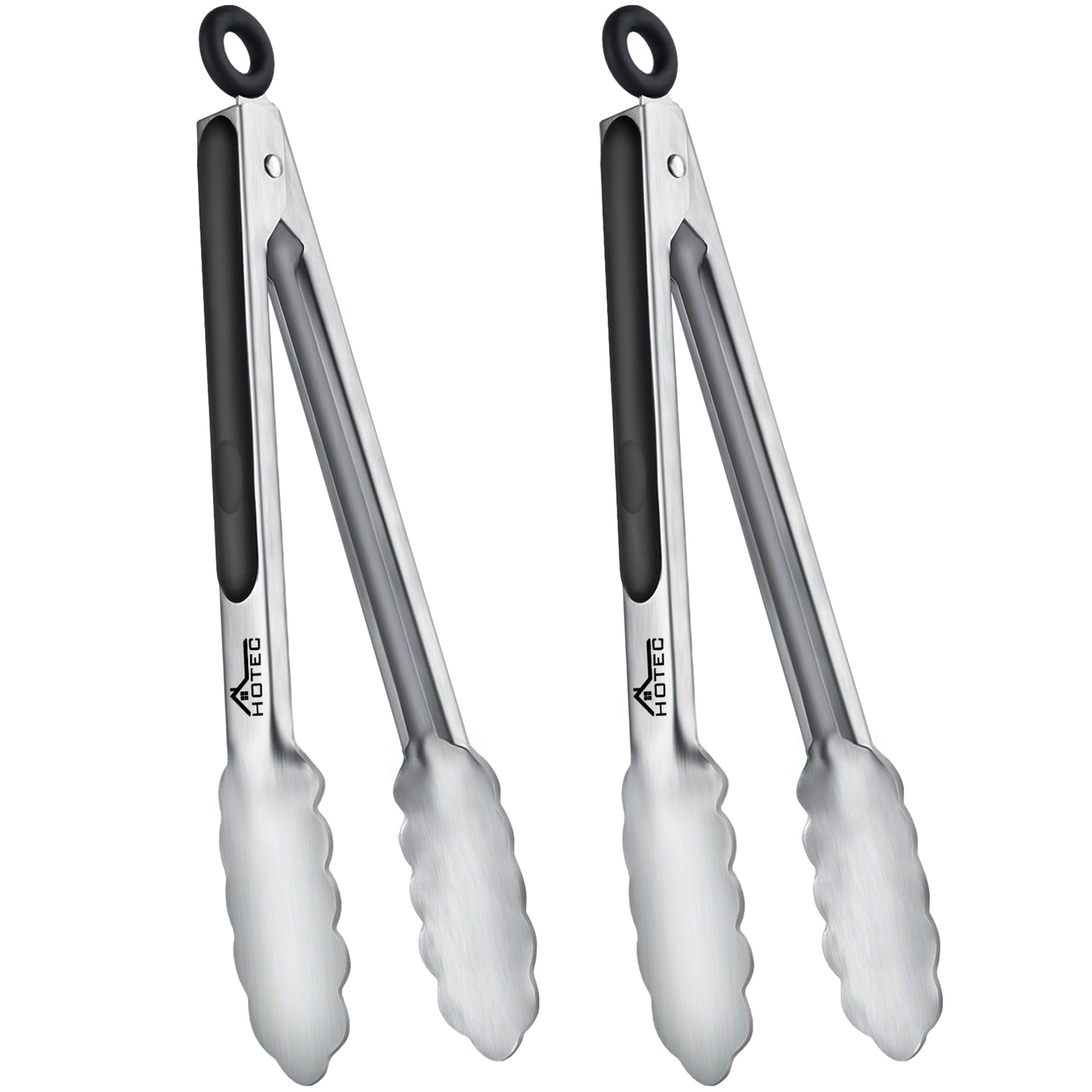 HOTEC Stainless Steel Kitchen Tongs Set of 2 - 9 inch, Locking Metal Food Tongs Non-Slip Grip (Black)