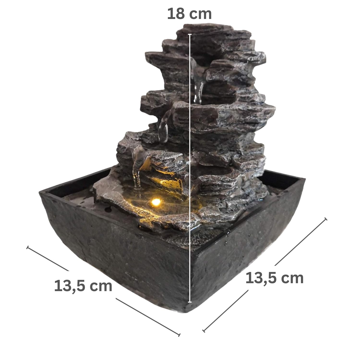 DRULINE Fontaine d'intérieur avec LED - Fontaine cascade - Fontaine d'intérieur - En polyrésine - Aspect pierre - l/H/P : environ 13,5 x 18 x 13,5 cm - Gris/noir - Pour l'intérieur