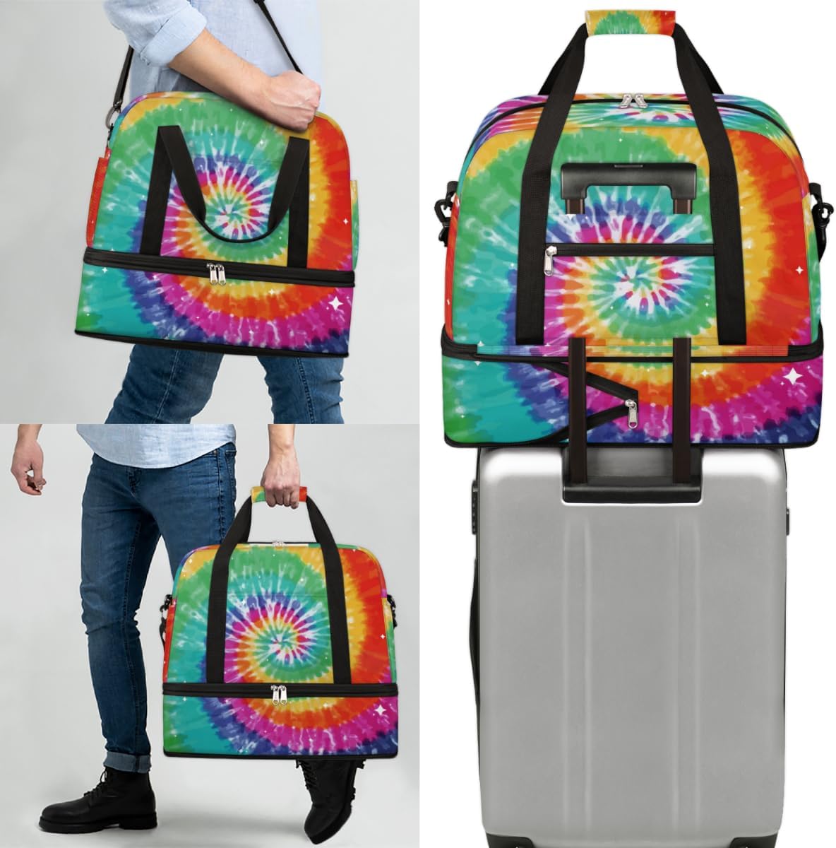 QsirBC Tie Dye Classic Design Gym Bag for Women Duffle Tote with Shoes Compartment Men Weekender Duffel for Dance Travel Sports Swimming Overnight