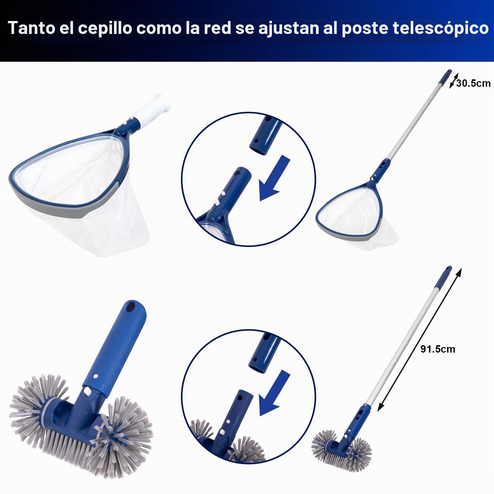 POOLAZA Kit de Limpieza para Piscina y SPA, 4 Piezas, Pértiga de Aluminio | Malla Fina para Residuos Pequeños, Cepillo de Cerdas Onduladas, Estropajo para Línea de Flotación, Pértiga de 91,5 cm