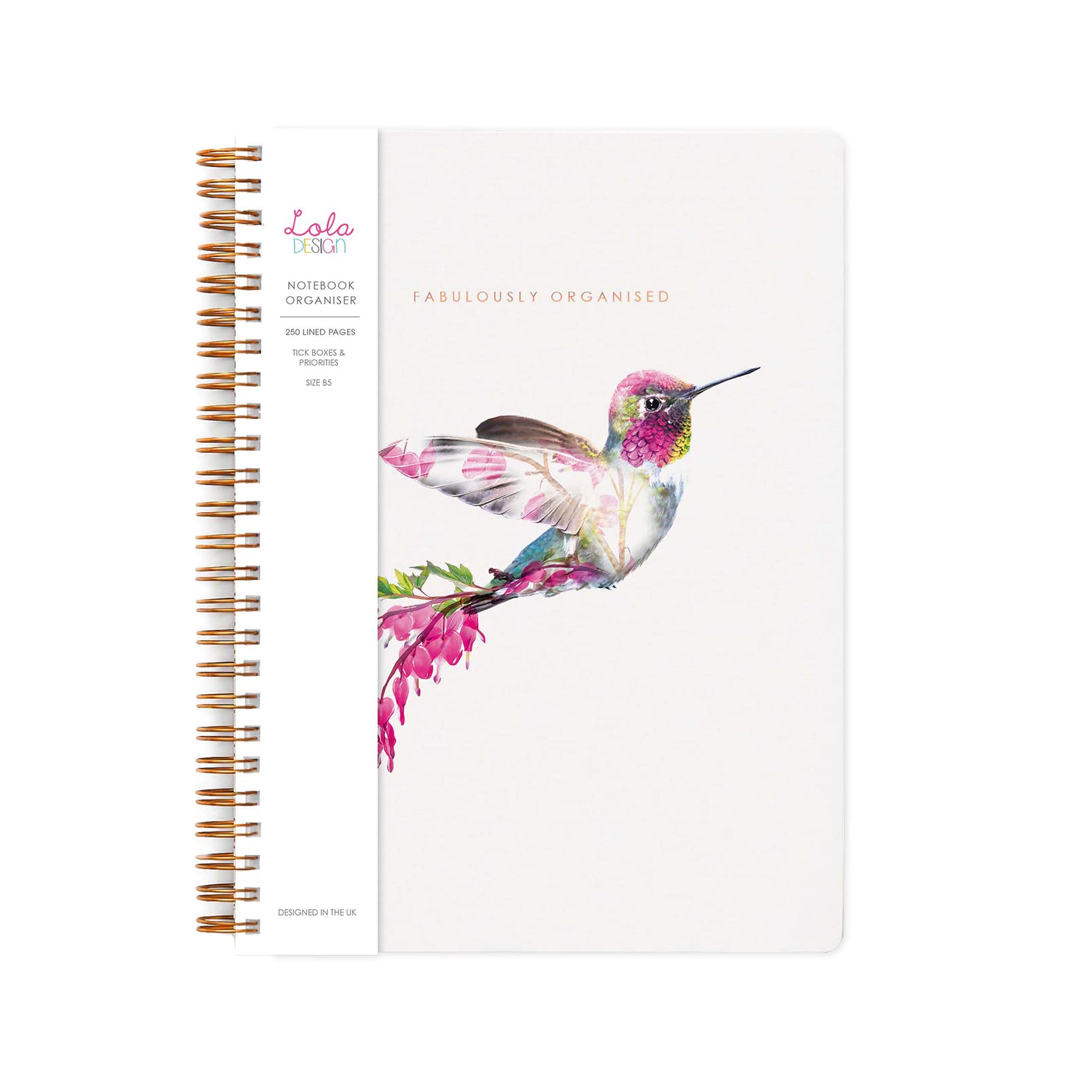 Lola Design - Large Spiral Notebook Organiser, Botanical Hummingbird Design - Planners & Journals - Wiro Bound Notebook with To-Do Lists & Priorities Section - 176x250mm, 250 Lined Pages