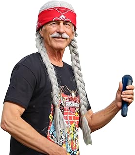 FantaLook Long Silvery Grey 2 Pigtail Wig with Bandana for Halloween