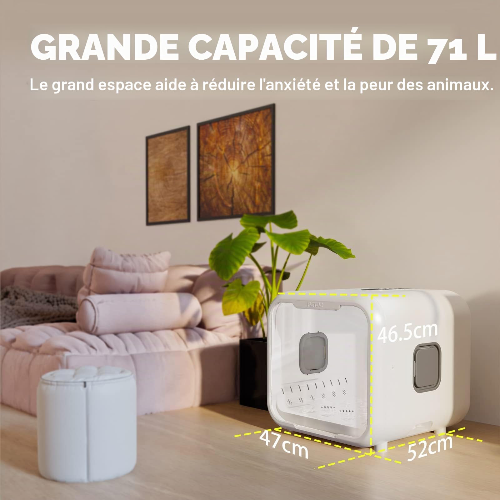 PETJC Sèche-Cheveux Automatique pour Chat et Petits Chiens, 71L Grande Capacité, Contrôle Intelligent de la Température,boîte de séchage de cheveux d'animaux de compagnie ultra silencieux 360 séchage