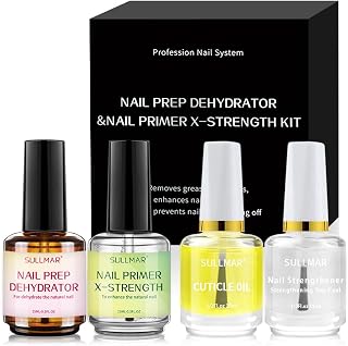 15ml Nail Prep Dehydrator & Nail Primer X-Strength Set, Nail Primer and Dehydrator for Acrylic Nails Bonding Care Kit with Cuticle Oil and Strengthener