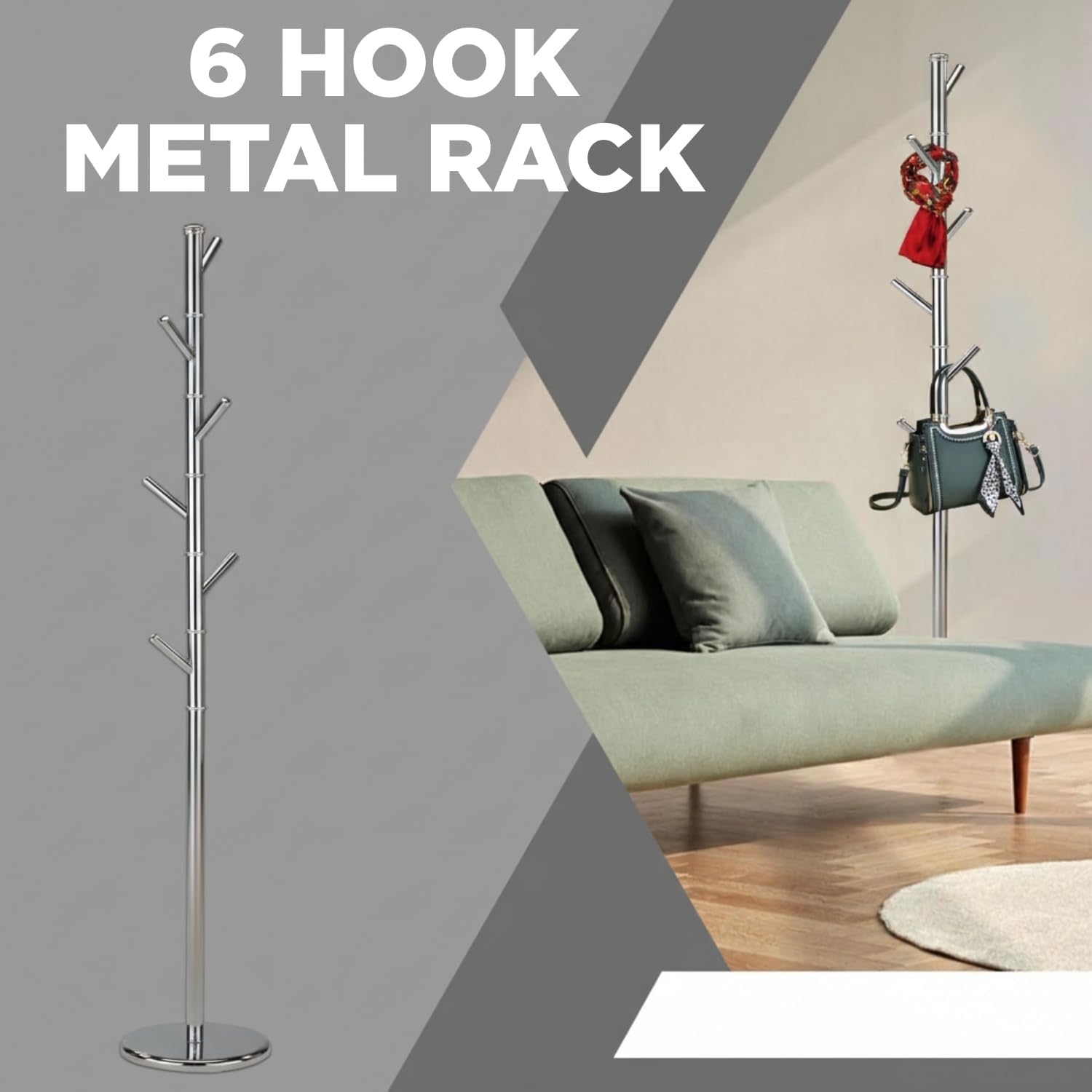 KB Designs - 6 Hook Metal Standing Coat and Hat Hanger Organizer Rack, Chrome