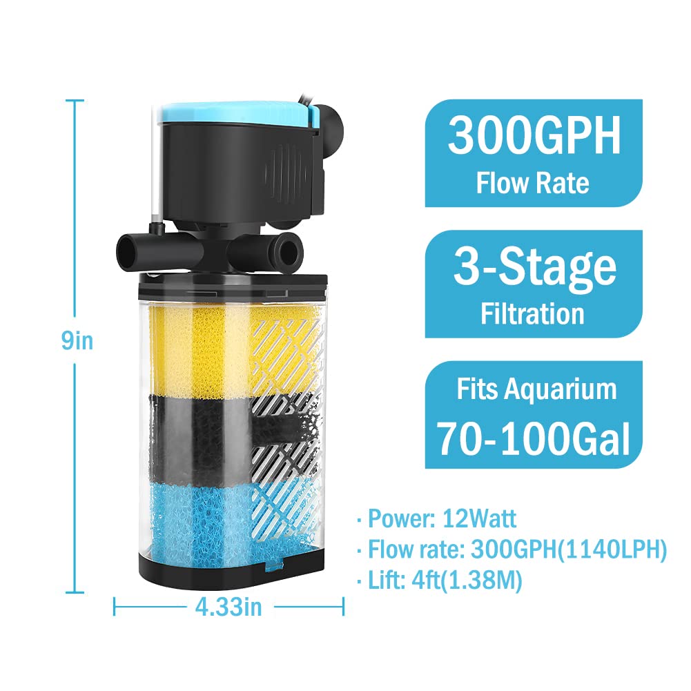 Kulife Filtros de acuario – Filtro de acuario de 3 etapas Filtro interno Filtro de tanque de peces Filtro de tortuga para tanques de peces de 70 a 100 galones con doble salida de agua y aireación