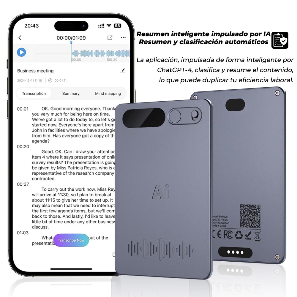 Grabadora de Voz espia con Estuche Negro, Transcribir y resumir usando IA , Soporte para Múltiples Ldiomas, Control de Aplicaciones, Almacenamiento de 64 GB, Adecuada para Curso（5.4*8.5*0.1）