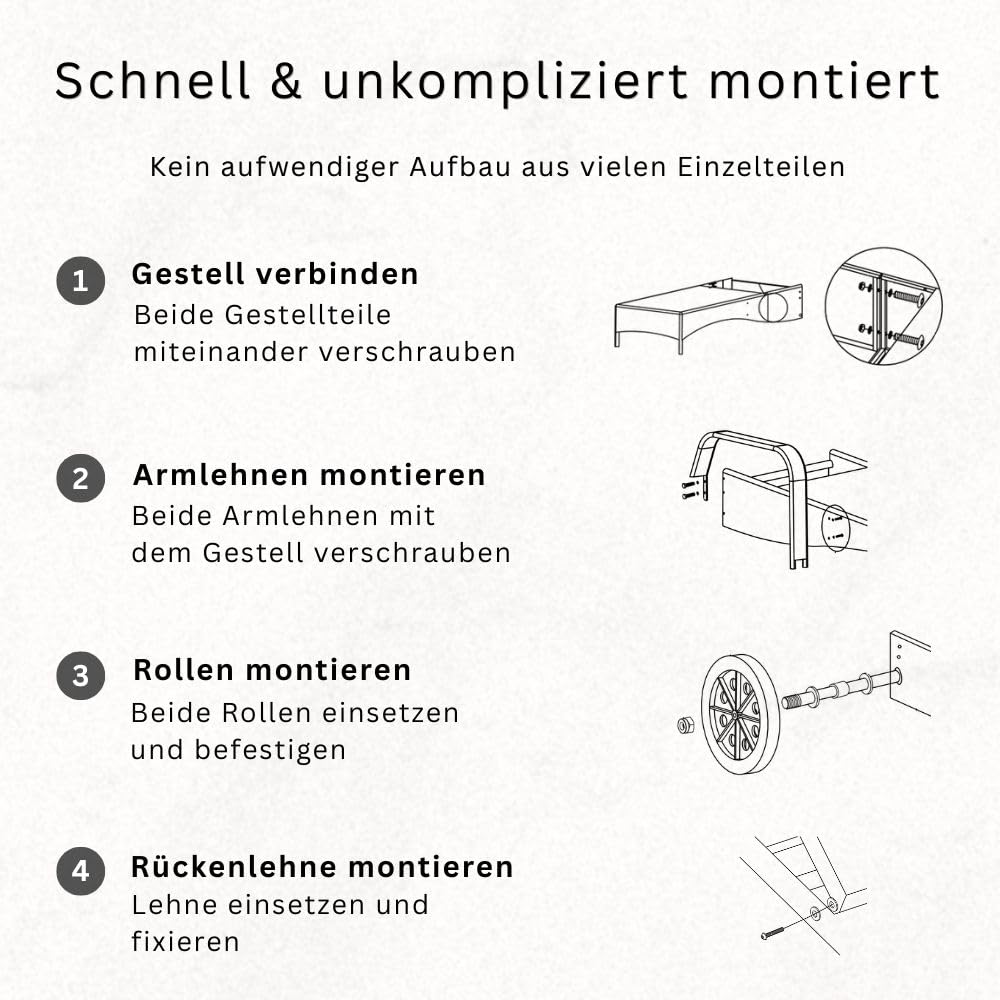 RS Trade Sonnenliege Gartenliege Wetterfest Rattan – XXL Relaxliege extra breit mit Rollen & Armlehnen, Verstellbar, bis 200kg, Outdoor Liege für Garten, Terrasse & Balkon, schwarz mit weißer Auflage