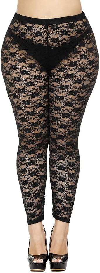 Womens Plus Size Stretchy Lace Pattern Capris Leggings Tights