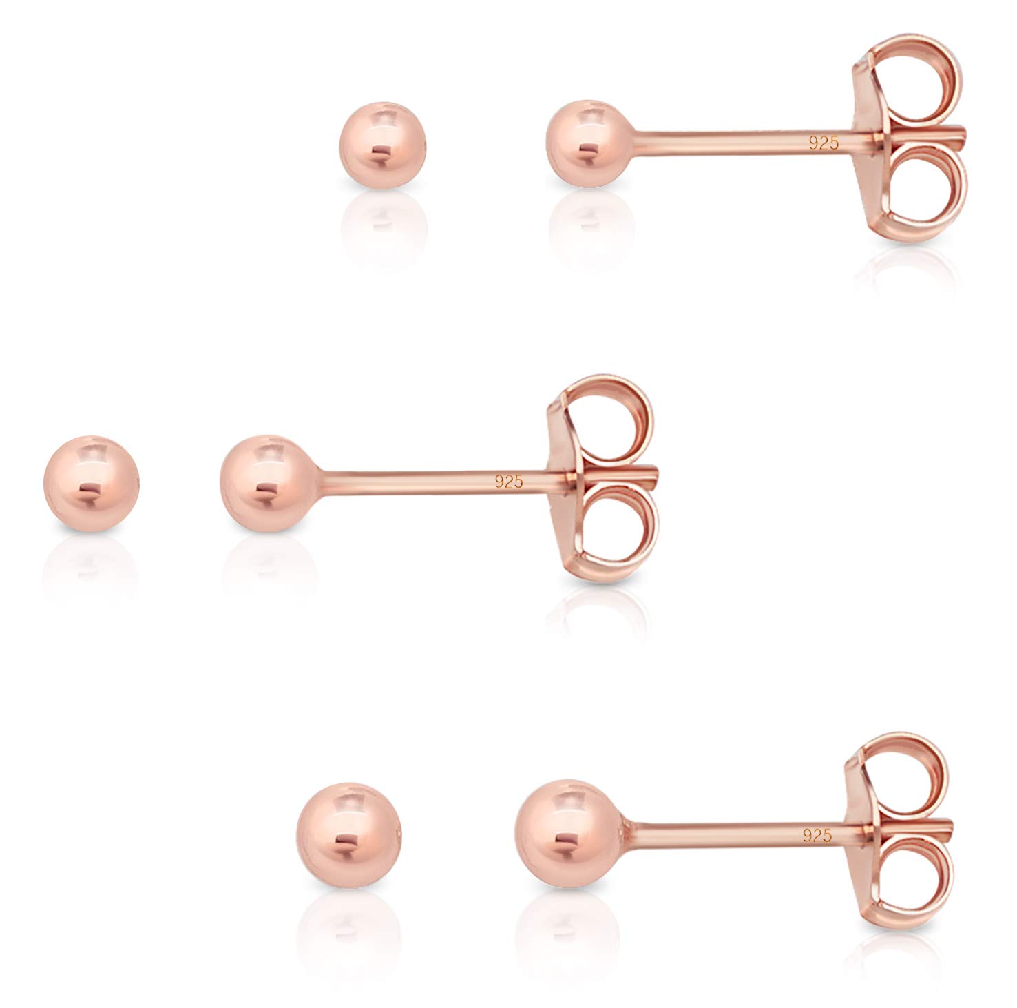DTPsilver Pack de 4 Pendientes Bola Plata de Ley 925, Chapados Oro Rosa o Amarillo - Pendientes Bolitas Pequeñas - Pendientes Pequeños Mujer Bolas - Diámetro Bola 2, 3, 4 mm