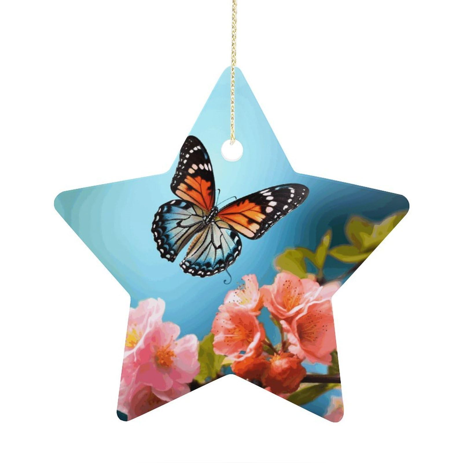 Butterfly with Flowers Stars Ornaments Ceramic Christmas Tree Hanging Light in Weight Christmas Star Pendants Funny Double-Sided Printed Xmas Ornaments for Gifts