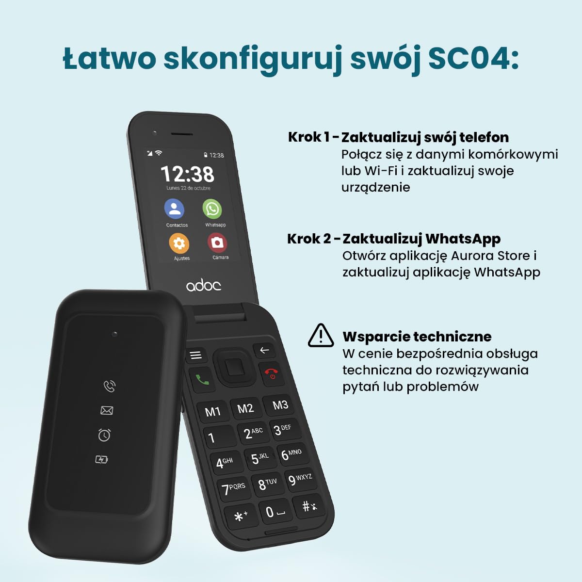 ADOC SC04 telefon komórkowy, format Clamshell, duże klawisze i ikony, łatwy w użyciu, Android 12, Bluetooth, dotykowy, czarny